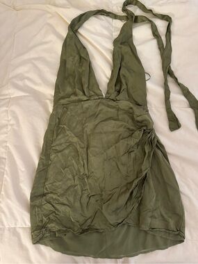 Zara Olive Green Tie Neck Dress